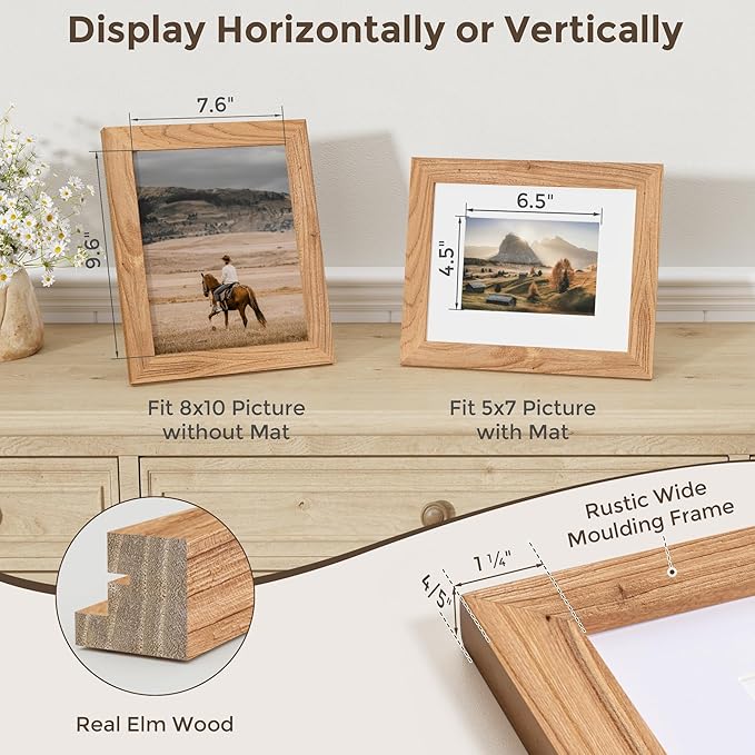 Fun Memories 8x10 Picture Frame with Mat for 5x7 Photo, Solid Elm Wood & Tempered Glass, Rustic Wall & Tabletop Display Frame, Natural, 1 Pack