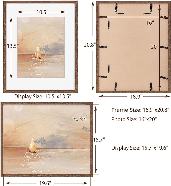 16x20 Picture Frame for Wall, Real Oak Wood Frames 16 by 20, 16x20 Frame Matted to 11x14, Tempered Glass, 16 x 20 Wood Frame, 16"x20" Poster Frame, Walnut Color, 1 Pack