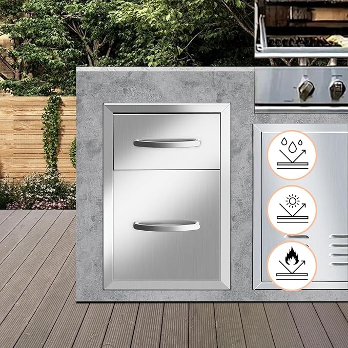 Outdoor Kitchen Drawers Stainless Steel 13W x 20.5H x 21D, Flush Mount Double BBQ Island Drawers with Handle for Outdoor Kitchens, Patio or Grill Station
