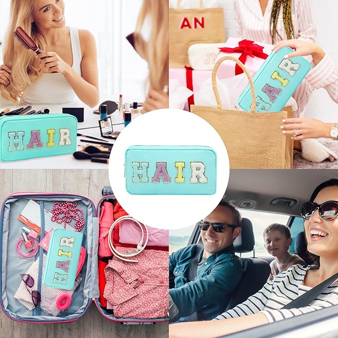 DYSHAYEN Nylon Cosmetic Bag Preppy Hair Makeup Bag for Women Travel Toiletry Organizer with Chenille Letter Patches (Mint-HAIR)