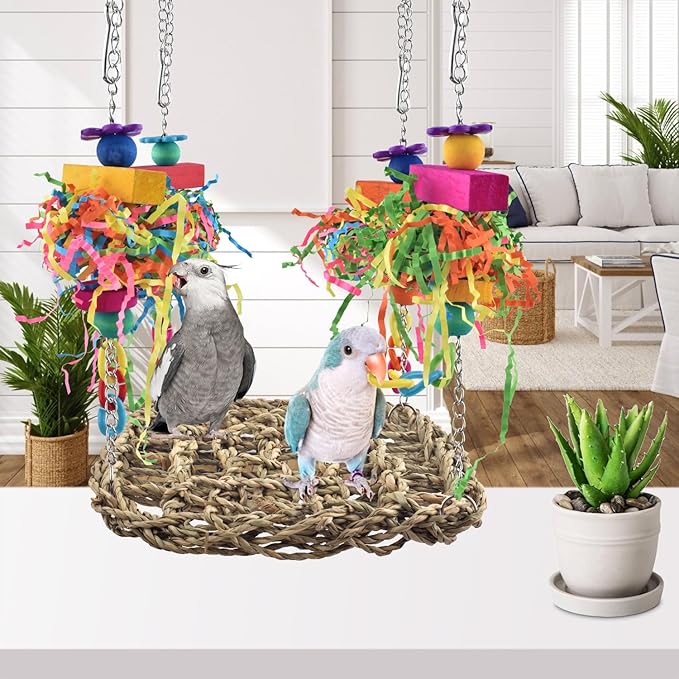 KATUMO Bird Toys, Grass Swing Hammock Climbing Toy for Parrot Parakeet | Natural Grass with Colorful Chew Toys, Climbing and Resting Toys for Small and Medium Pet Birds