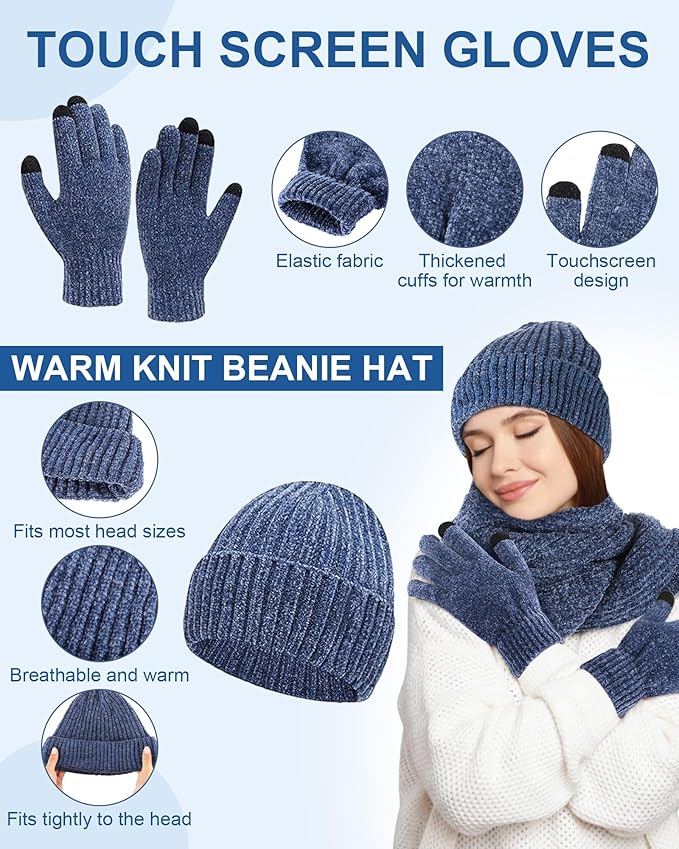Geyoga 6 Pcs Winter Knit Set Beanie Hat Long Scarf Touchscreen Gloves Ear Muff Socks Warm Valentine Gift for Women Men Snow(Blue,Classic Style)