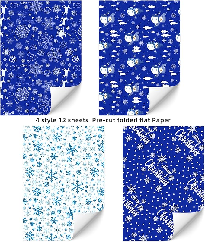 PlandRichW Christmas Wrapping Paper Folded 12 Sheets for Kids Boys Girls Man Women,Blue and White Snowmen Snowflakes Merry Christmas Deer,Image Arts Blue Holiday Wrapping Paper Each 20" X 29"