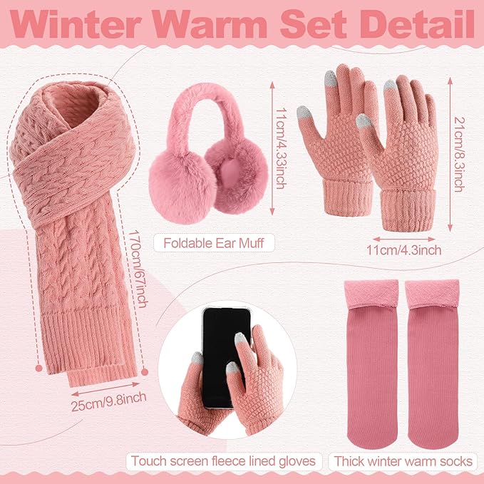 Geyoga 6 Pcs Winter Warm Set for Women Warm Beanies Hats Touchscreen Gloves Long Scarf Ear Muffs Socks Winter Gifts for Women