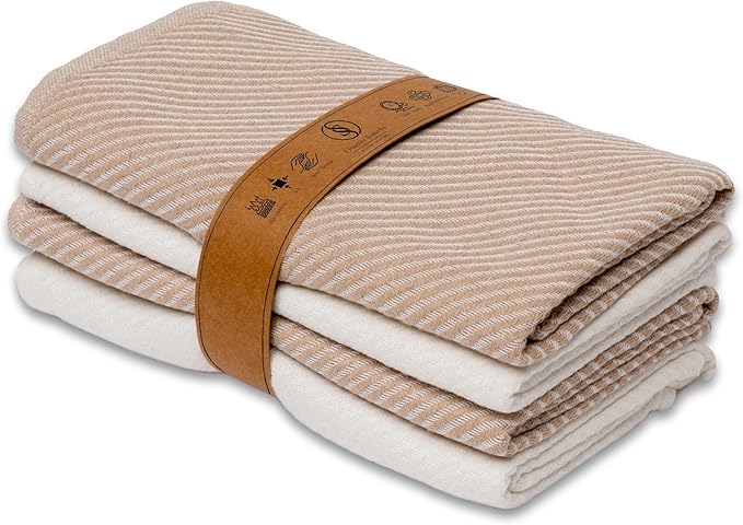 Kitchen Towels Set - 4 Pack, (20" x 30") - Boho & Decorative - Versatile as, Dish Towels for Drying Dishes, Drying Towels, Flour Sack Towel, Kitchen Cloths, Beige and Ecru