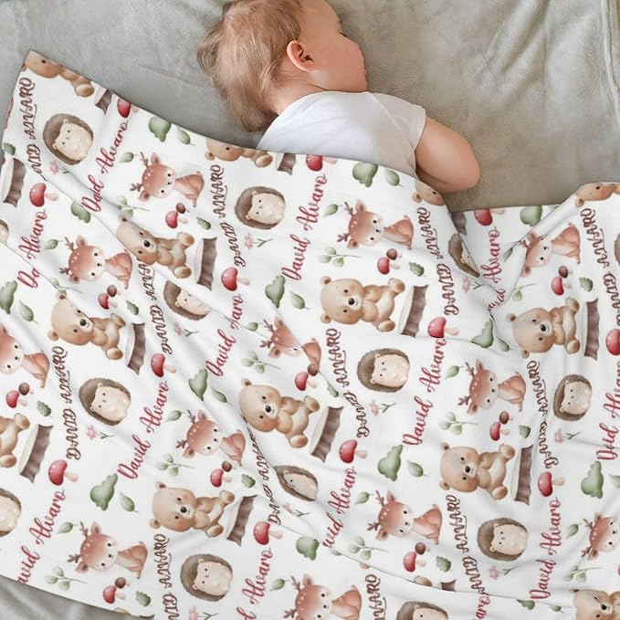 Ship Next Day, Personalized Baby Blanket for Boys Girls - Printed in USA, Custom Name Toddler Blanket with Deer Pattern, Perfect Newborn Gift