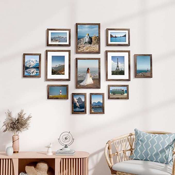 Vittanly 12 Pack Picture Frames Collage Wall Decor for Mounting or Tabletop Display, Gallery Wall Frame Set for Family, Multi Sizes Including 4pcs 8x10, 4pcs 5x7, 4pcs 4x6, Brown