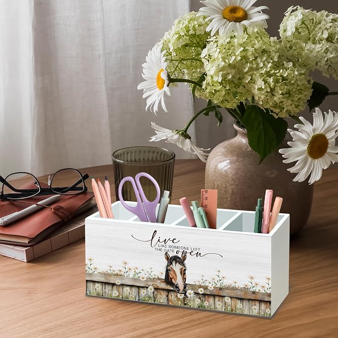 DILSJ Rustic Farmhouse Horse 4 Compartment Pen Pencil Holder for Desk | Horse Lover Gifts, Live Like Someone Left the Gate Open Wooden Box Signs Organizer for Home Office Desk Tabletop Decoration