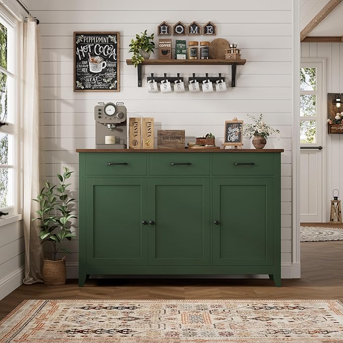 HORSTORS 47" Buffet Cabinet with Storage, Kitchen Buffet Table with Drawers, Modern Farmhouse Coffee Bar Storage Cabinet with Adjustable Shelf, Wood Sideboard for Dining Room, Kitchen, Entryway, Green