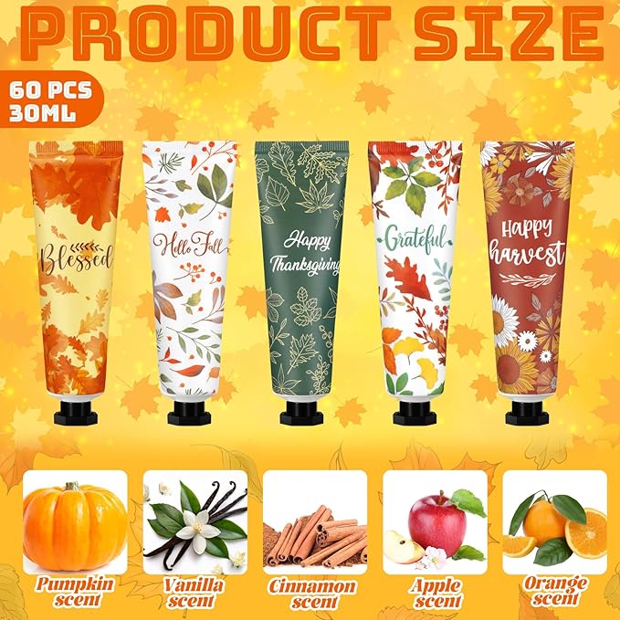 60 Pcs Thanksgiving Fall Hand Lotion Gifts Bulk for Women Maple Leaves Hand Cream 30ml Natural Botanical Fragrance Mini Lotion for Chapped Hands Travel Thanksgiving Autumn Party Supplies