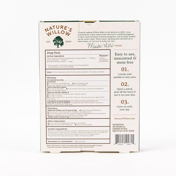 Nature's Willow Natural Pain Relief Patches for Muscles & Joints | Fast-Acting with White Willow Bark | Free from Artificial Fragrances & Dyes | 6 Patches (1-Pack)