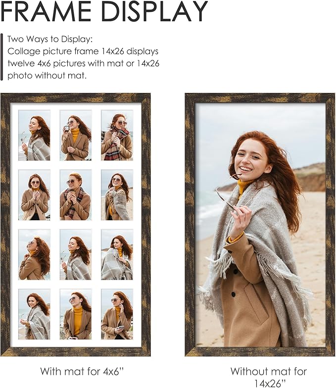 14x26 Collage Picture Frame 4x6 Collage Picture Frame Displays Twelve 4x6 inch Photos Available Horizontal Wall Mounting Display and Vertical Brown