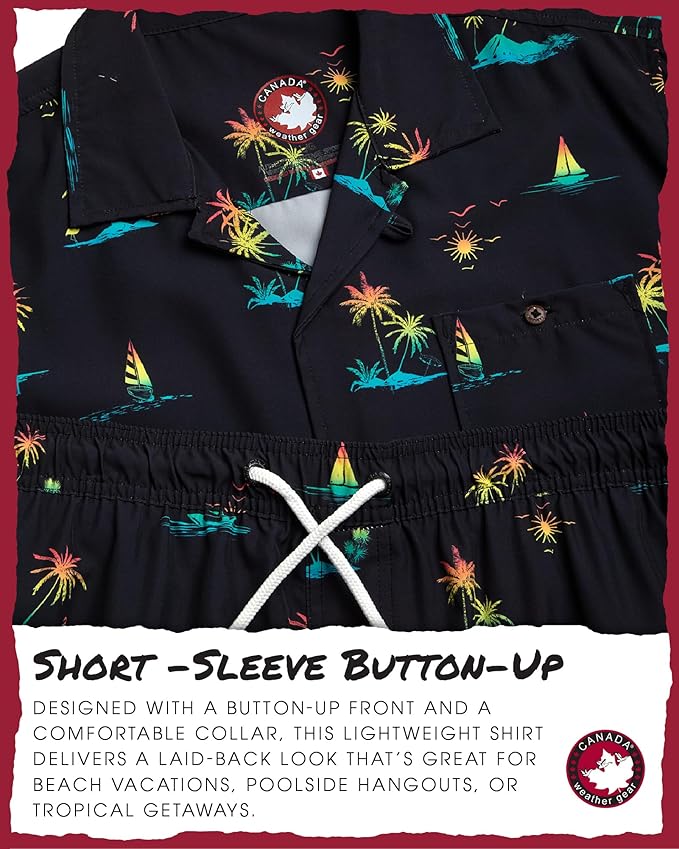 CANADA WEATHER GEAR Mens Beach Outfit Set - 2 Piece Short Sleeve Button Down Hawaiian Shirt for Men and Mens Swim Shorts Set