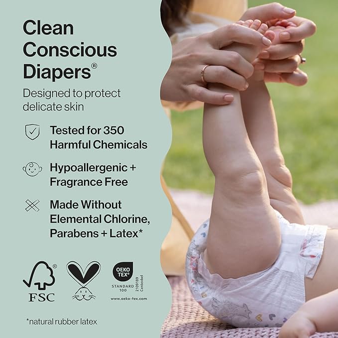 The Honest Company Clean Conscious Diapers for Delicate Skin | Up to 100% Leakproof | Hypoallergenic, Fragrance Free | Fall '25 Limited Edition Prints | Club Box, Size 3 (16-28 lbs), 62 Count