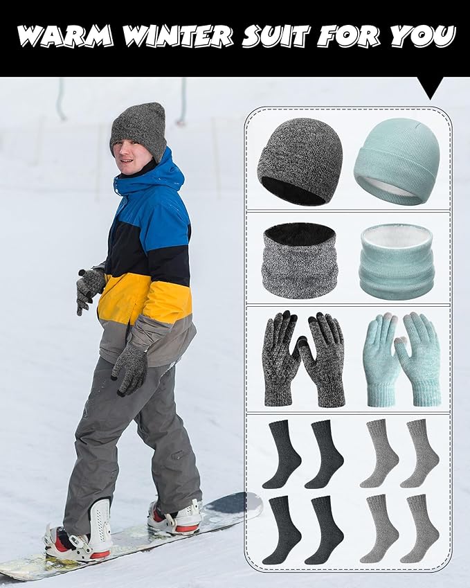 10 Pieces Winter Hat Beanie Scarf Touch Screen Gloves and Sock Set Slouchy Knit Skull Cap Beanies Fleece Lining Neck Warmer