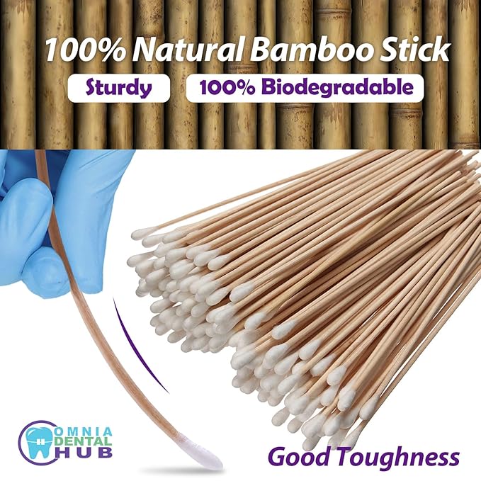 Dental Grade Inch Long Cotton Swabs with Bamboo Wooden Handles Cotton Tipped Applicator by OMNIA ONE | Ideal for Application of Medication, Cleaning Skin, Arts and Crafts Remover Tool (6" (1000PCs))