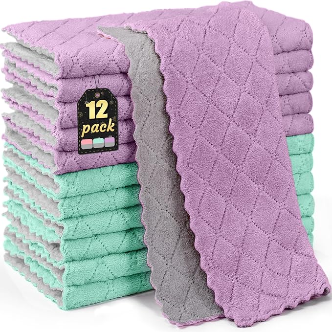 12 Pack Kitchen Cloth Dish Towels, 12x12 inch Soft Premium Dishcloths, Absorbent Microfiber Cleaning Cloth for Cleaning Dishes, Kitchen, Bathroom, Car