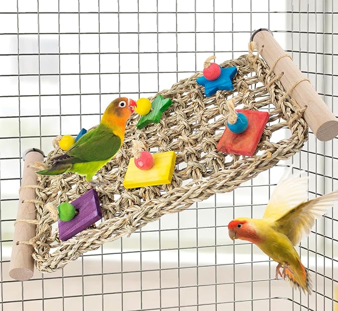 FlidRunest Conure Ladder Perch with Colorful Wood Chew Block | Natural Parrot Seagrass Foraging Mat, Bridge Stands Climbing Hammock Chewing Activity Toy for Parakeets, Lovebird
