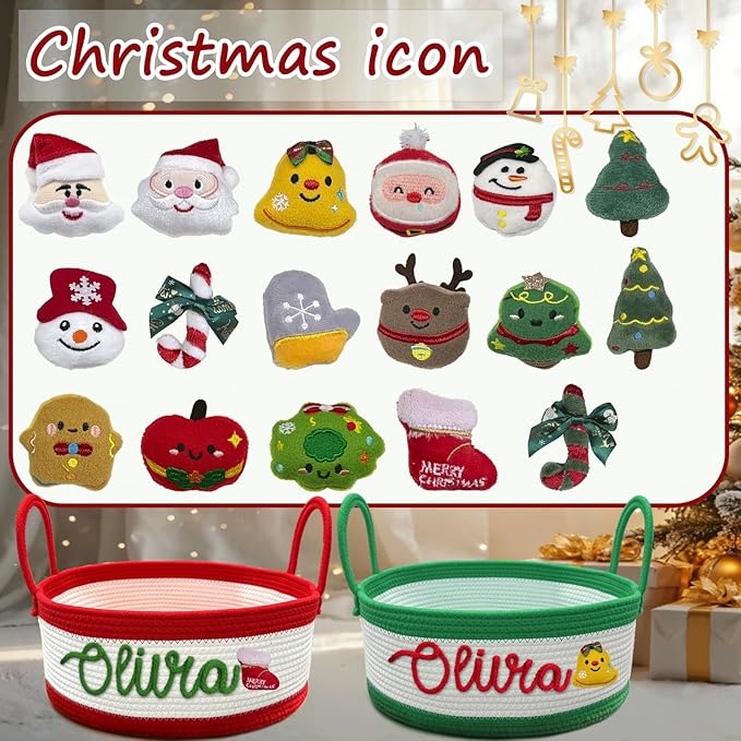 Custom Christmas Gift Basket with Name Personalized Woven Baby Shower Basket for Newborn Holiday Cotton Rope Storage Basket for Toy Diaper Caddy