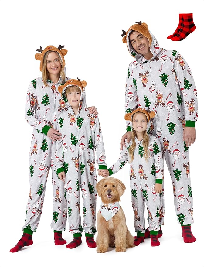 PATPAT Matching Family Christmas Onesie Pajamas – Holiday Hooded Jumpsuit Sleepwear PJs Couples Xmas Loungewear with Socks
