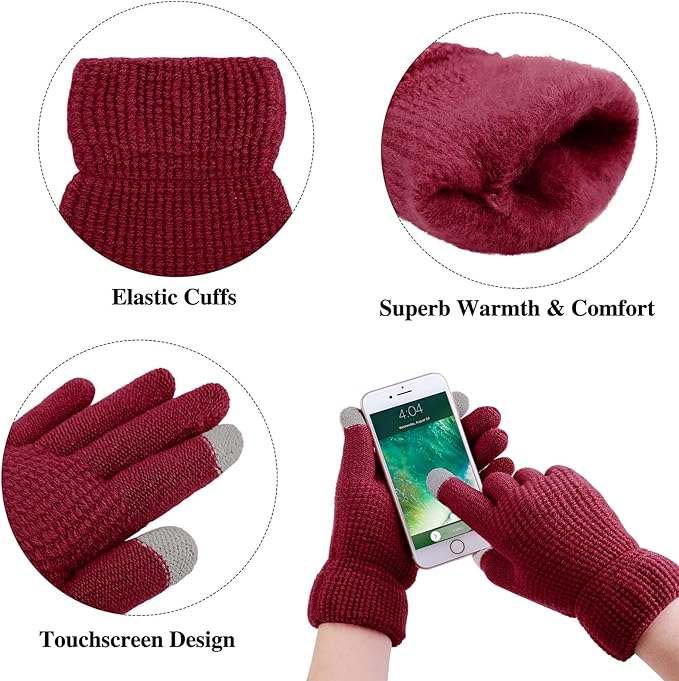 Aneco Womens Winter Warm Sets Knitted Fur Pompoms Beanie Hat Circle Loop Scarf Touch Screen Gloves Winter Favor Accessories