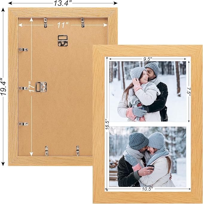 11x17 Picture Frame Display 2 opening 8X10 Double Picture Frame Collage,Multi Photo Frame with Mat,Plexiglass,Wall Mount Decor,Natural Wood Grain