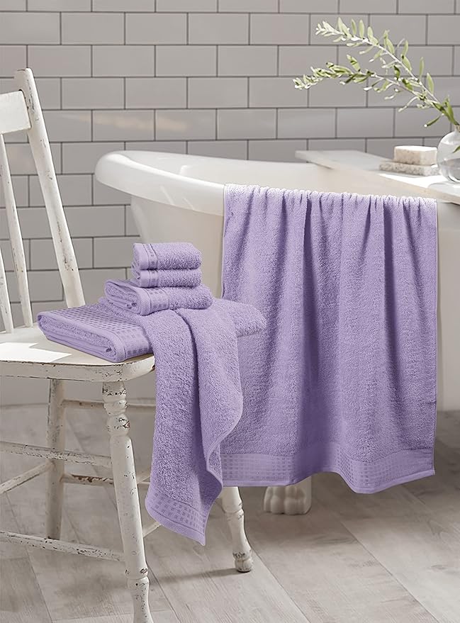 GLAMBURG 100% Cotton Ultra Soft 6 Pack Towel Set, Contains 2 Bath Towels 28x55 Inches, 2 Hand Towels 16x24 Inches & 2 Wash Coths 12x12 Inches, Compact Absorbent Lightweight & Quickdry - Purple