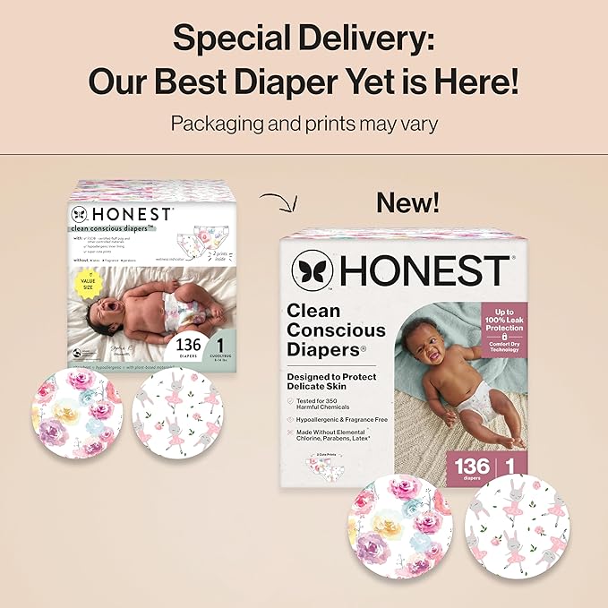 The Honest Company Clean Conscious Diapers for Sensitive Skin Up to 100% Leakproof Hypoallergenic Fragrance-Free Baby Girl Prints Super Club Box Size 1 (8–14 lbs) 136 Count