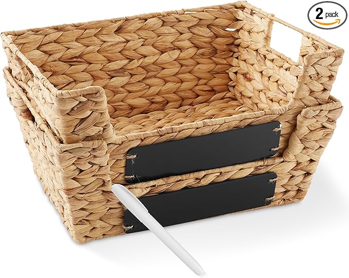 Casafield Set of 2 Water Hyacinth Pantry Baskets with Handles, Chalkboard Labels, and Marker - Natural, Wide Woven Storage Bin Organizers for Kitchen Shelves