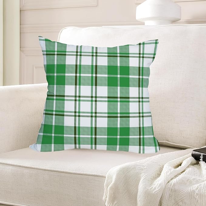 Fukeen 2 Pack Waterproof Outdoor St. Patrick's Day Pillow Covers 16x16 Inch Green and White Buffalo Plaids Checked Throw Pillow Cases Spring Farmhouse Decorations Cushion Cover Double Sided