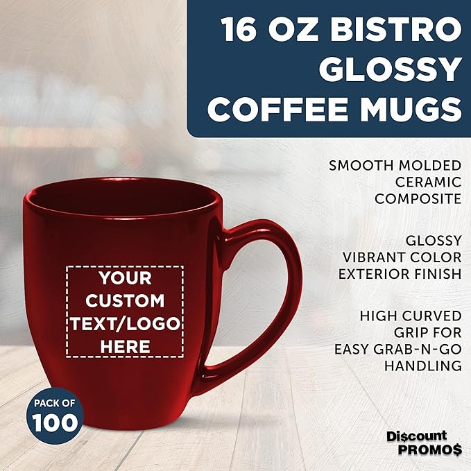 Custom Large Coffee Cups 16 oz. Set of 100, Personalized Bulk Pack - Perfect for Tea, Espresso, Cappuccino, Hot Cocoa - Maroon