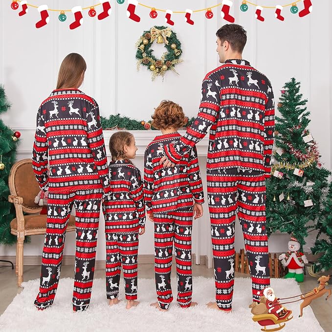 ANGELGGH Family Christmas PJs Matching Sets 2 Pcs Festival Party Pajamas Holiday Warm Sleepwear Couples Button Loungewear