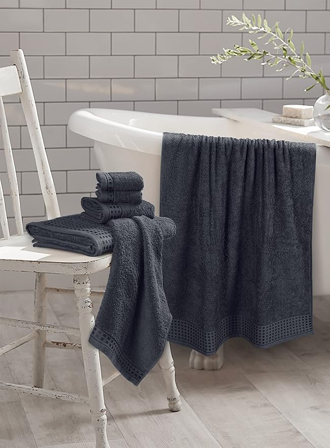 GLAMBURG 100% Cotton Ultra Soft 6 Pack Towel Set, Contains 2 Bath Towels 28x55 Inches, 2 Hand Towels 16x24 Inches & 2 Wash Coths 12x12 Inches, Compact Absorbent Lightweight & Quickdry - Charcoal Grey
