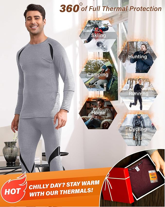 Muezna Men's Thermal Top and Bottom Set Underwear Long Johns Base Layer with Soft Fleece Lined