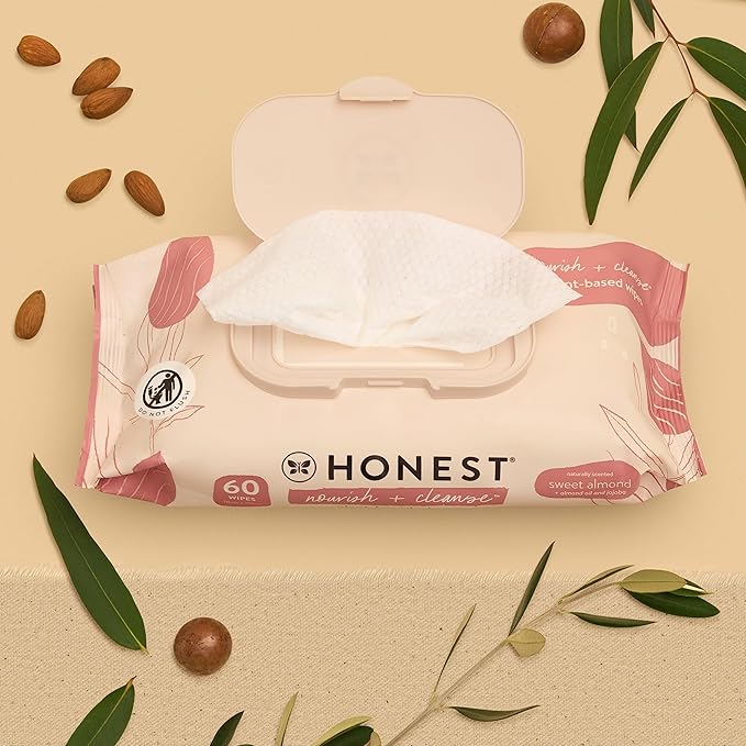 The Honest Company Nourish and Cleanse Naturally Scented Wipes Cleansing Multi-Tasking 99% Water Plant Based Hypoallergenic Sweet Almond 60 Count