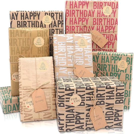 Birthday Wrapping Paper Set, 6 Sheets Kraft Brown Recycled Gift Wrapping Paper with Stickers, Gift Wrapping Paper with Happy Birthday Pattern Design for Kids Girls Women Boys Men Adults, 20×28 inches