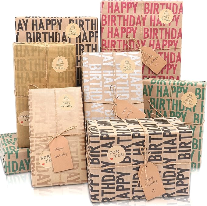 Kraft Brown Recycled Gift Wrapping Paper Set, 12 Sheets with Stickers, Happy Birthday Pattern Design for Kids & Adults, 2028 inches