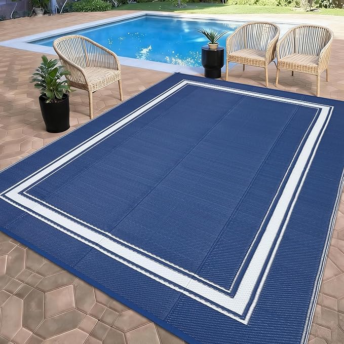 Outdoor Rug 9x18 Waterproof Reversible Mat All Weather Outdoor Plastic Straw Rus Carpet UV Resistant Modern Bordered RV Mat Carpet for Patio Deck Balcony Pool Picnic Blue/White