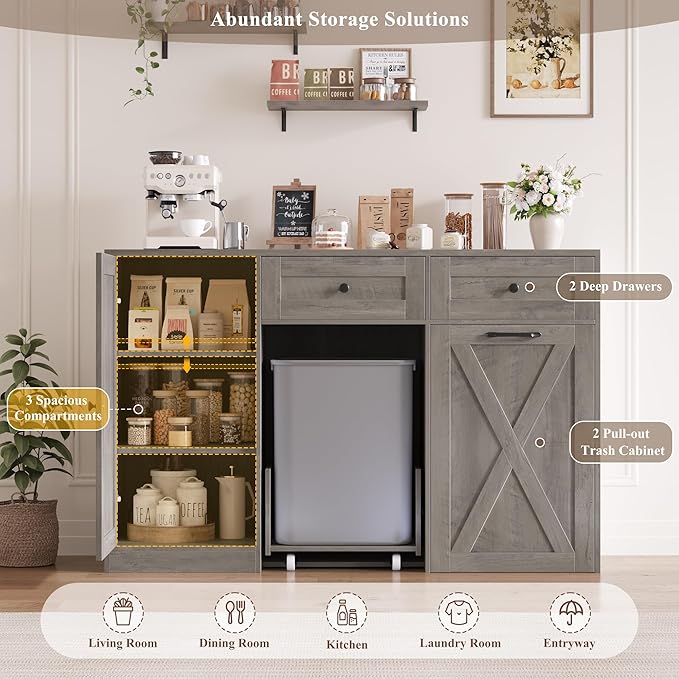 HOSTACK 12.5 Gallon Kitchen Trash Cabinet, 47" Double Trash Can Cabinet, Large Pull Out Can Storage Drawers, Wood Farmhouse Hidden Garbage Storage Buffet for Kitchen, Dining Room, Ash Grey