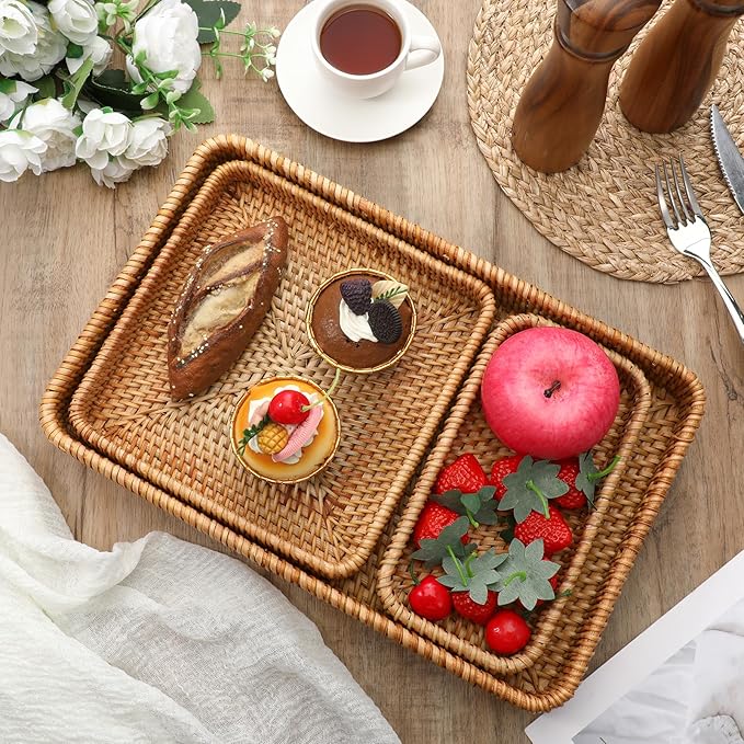 Rattan Serving Tray, 3 Pcs Rectangular Wicker Tray Set Natural Decorative Woven Trays for Fruit, Water Cups, Teacups, Snacks, Candy, Dried Fruit, Bread, Desserts (3 Sizes)