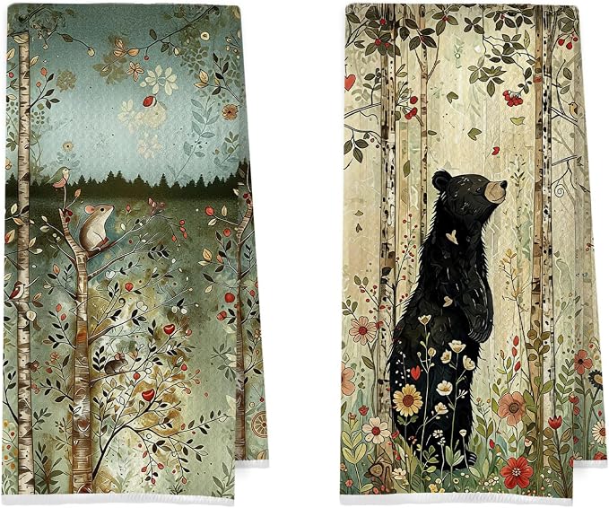 Forest Animal Kitchen Towels - Woodland Animals Decorative Waffle Dish Towels,Woodland Forest Animal Hand Towel, Rat Black Bear Tea Towel for Kitchen Decor, 16x24 Inch Set of 2