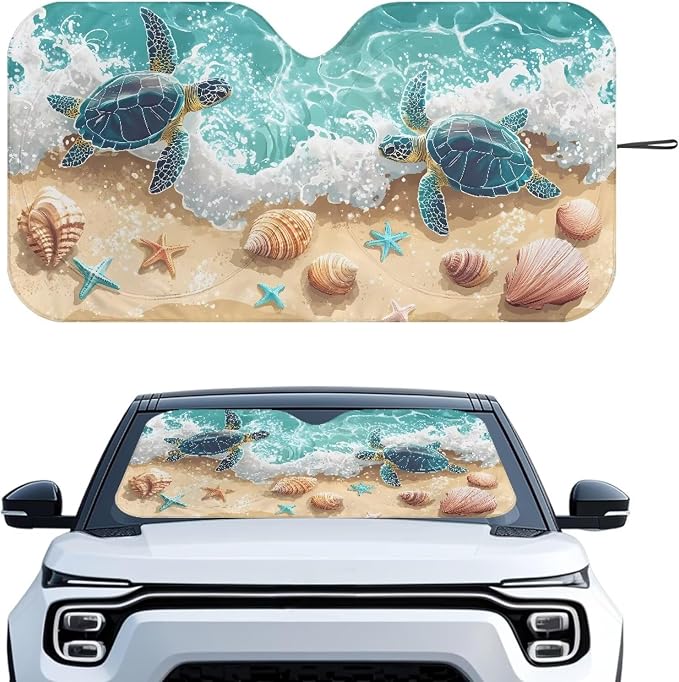 Sea Turtle Seashell Windshield Sun Shade Foldable Car Sun Shade Windshield for Front Window Block UV Rays Heat Protection Universal Fit for Most Cars SUV Keeps Your Vehicle Cool