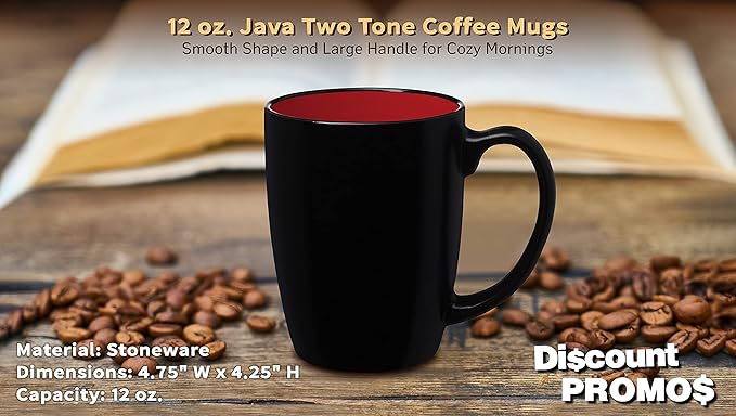 DISCOUNT PROMOS 10 Java Two Tone Coffee Mugs Set, 12 oz. - Stoneware, Durable, Easy Grip - BLACKRED
