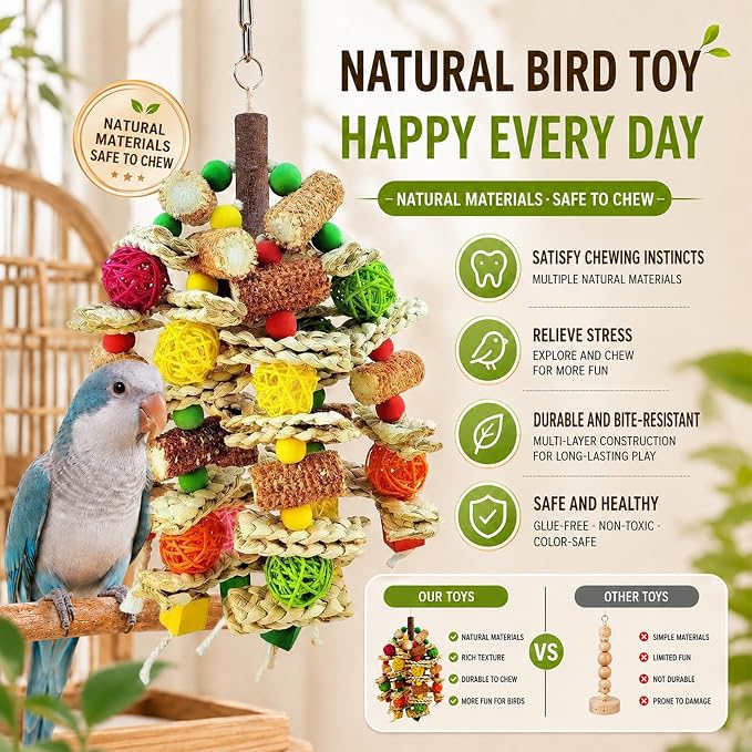 Parrot Chew Toy, Natural Material Bird Foraging Toy for Conures, Quaker Parrots, Medium-Sized Birds - Colorful Hanging Shredding Toy with Woven Ball, Corn Cob and Wooden Beads