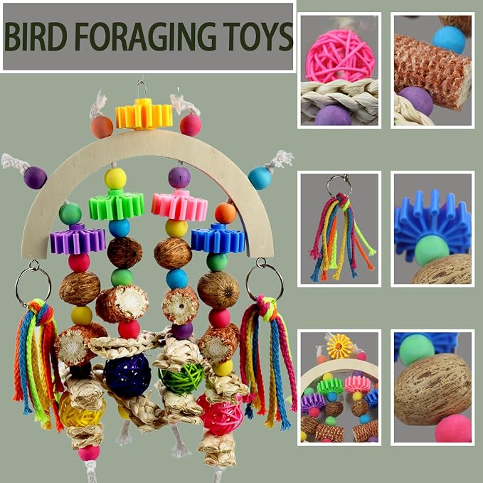 Corn cob and wooden mango combination natural wooden parrot chew toy | Colorful gear beads and ropes, safe to bite and relieve boredom, are ideal cage decorations for medium to large parrots