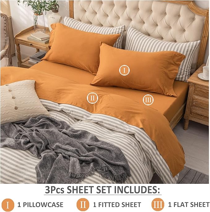 PURE ERA Jersey Knit 3pcs Bed Sheet Set 100% T-Shirt Heather Cotton Super Soft Comfy Breathable Fits Mattress Up to 20" Extra Deep Pocket (Solid Burnt Orange, Twin XL)