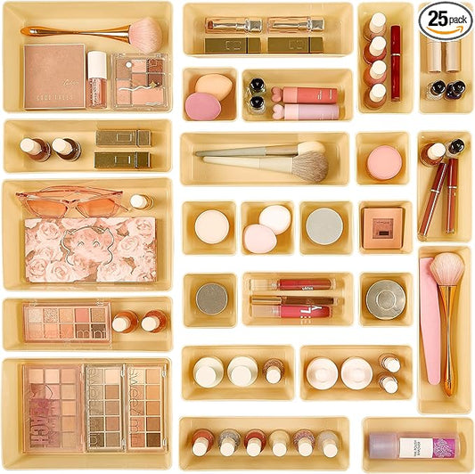 Vtopmart 25 PCS Plastic Drawer Organizers Set, 4-Size Versatile Bathroom and Vanity Drawer Organizer Trays, Storage Bins for Makeup, Bedroom, Kitchen Gadgets Utensils and Office