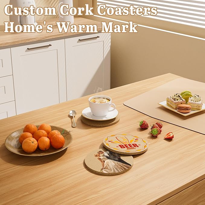 30-100 Pcs Personalized Coasters, UV Full Color Printing Customize Photo Logo Text, Custom Cork Bar Coaster for Drinks, Non-Slip Heat-Resistant Custom Drink Coasters for Personalized Gifts (Round)