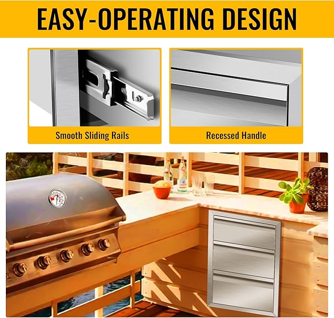 Outdoor Kitchen Drawers Stainless Steel 18W X 24H X 23D Inch, Flush Mount Triple BBQ Island Drawers with Hidden Handle for Outdoor Kitchens, Patio or Grill Station