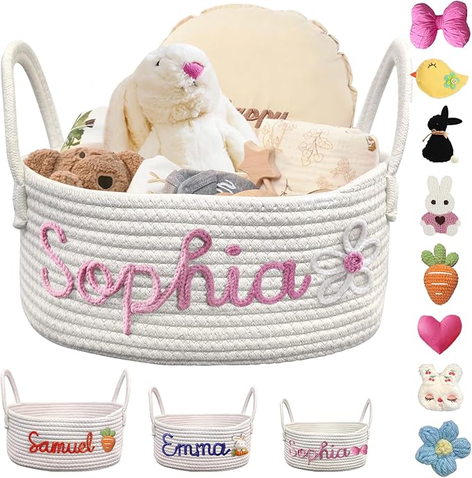 Personalized Basket with Name Custom Cotton Rope Basket Monogrammed Nursery Storage Bin for Diapers Toys & Kids' Room Decor
